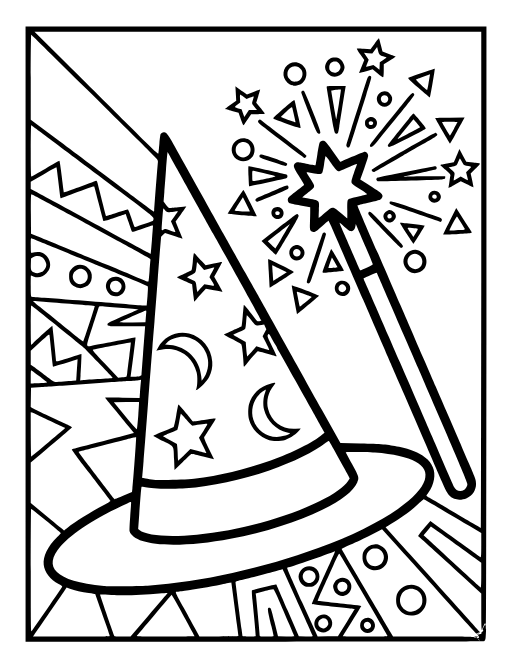 Wizards Hat and Wand coloring page: A wizard's hat and a magic wand with sparkles