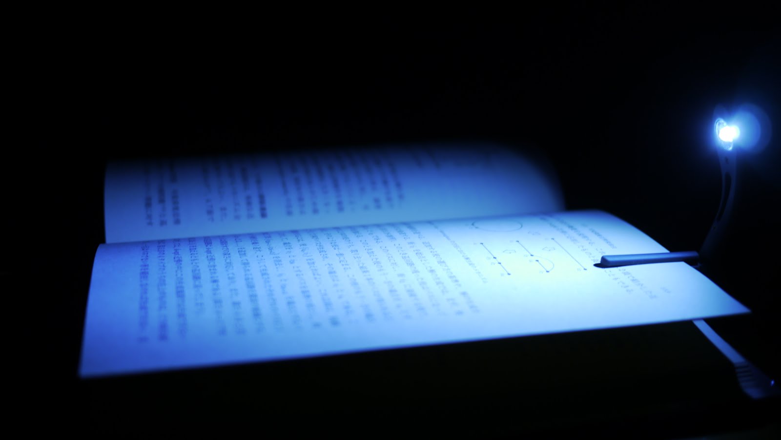 市販のブックライト。眩しいので周りに迷惑がかかる