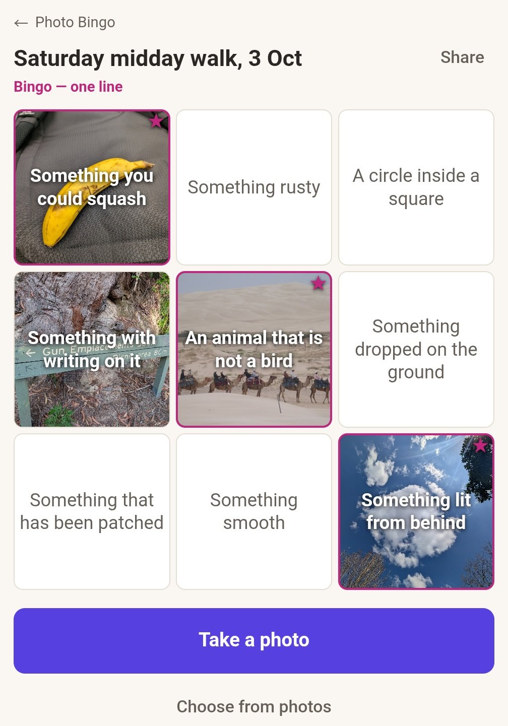 A photo bingo board titled “Saturday midday walk, 3 Oct”, three squares filled