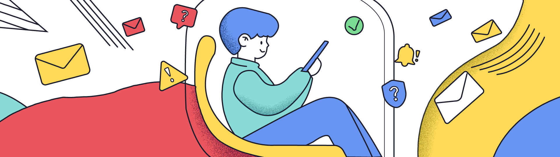 Illustration of a person seated in a futuristic, yellow pod while using a tablet. Surrounding the pod are floating icons, such as question marks, notifications, and envelopes, in a dynamic, white and red background.