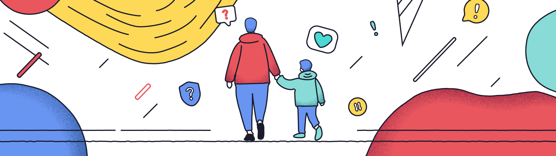 Illustration of an adult and a child holding hands while walking forward. The scene is surrounded by floating question marks, heart symbols, and other icons on a bright background with abstract, colorful elements.