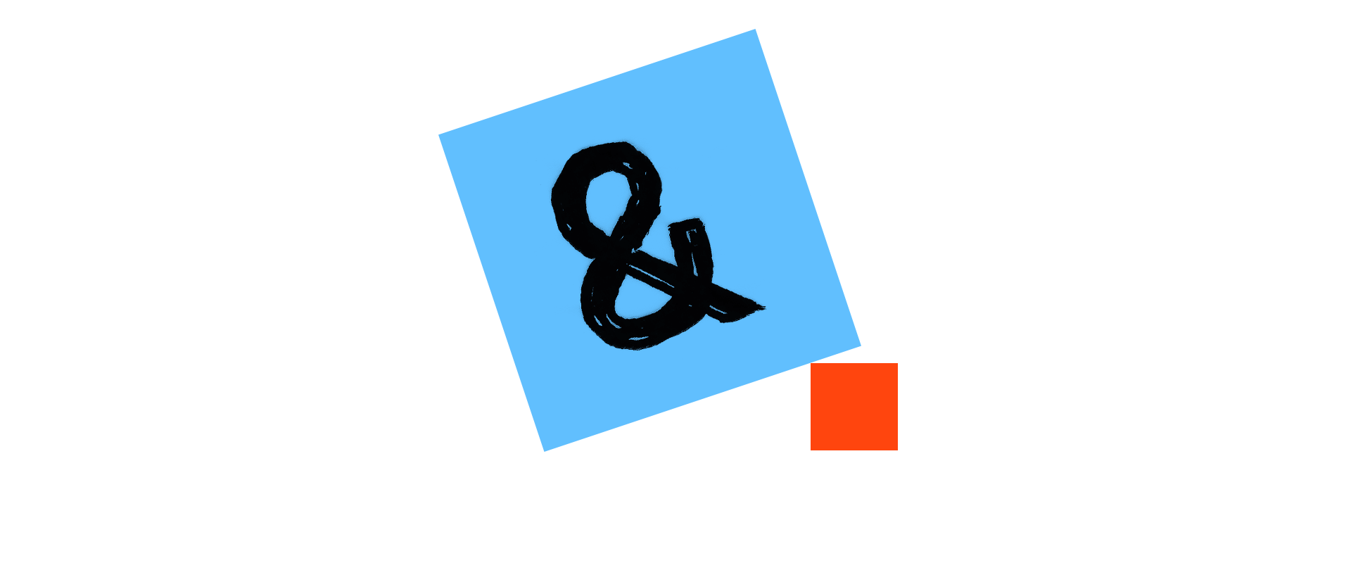 A black ampersand (&) placed in a tilted light blue square with a smaller orange square in the bottom right. The minimalistic design emphasizes the ampersand, creating an artistic and abstract composition.