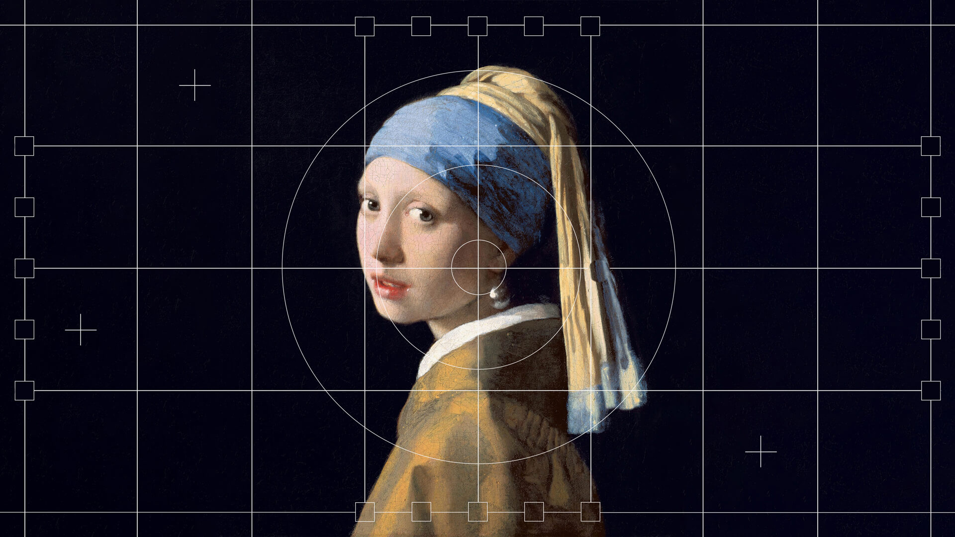 A digital grid overlay on a famous painting, "Girl with a Pearl Earring," showing compositional elements such as spirals and intersecting lines to highlight the structure and balance of the artwork.
