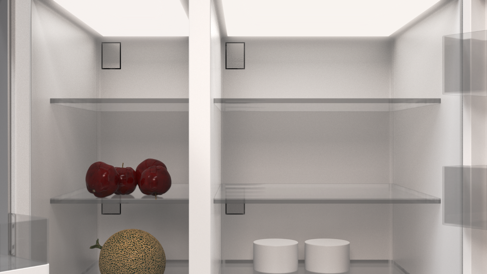 <p>The rectangular boxes at the back of the fridge are ports for bringing cool air from the cold battery into the zones. An architecture like this enables the fine-tuning of individual compartments to keep food fresher, longer.</p>