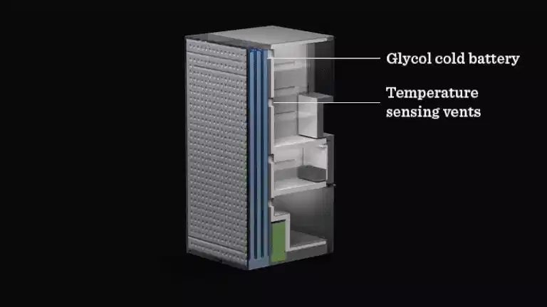 <p>Store cold in a "cold battery" filled with a mixture of glycol and water</p>