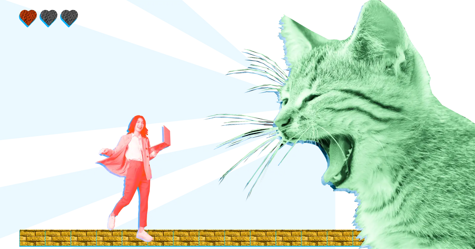 A team member in a video game boss battle against a giant kitten