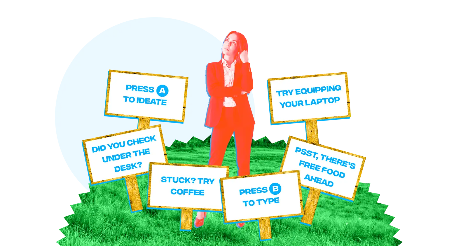 A team member surrounded by onboarding signs