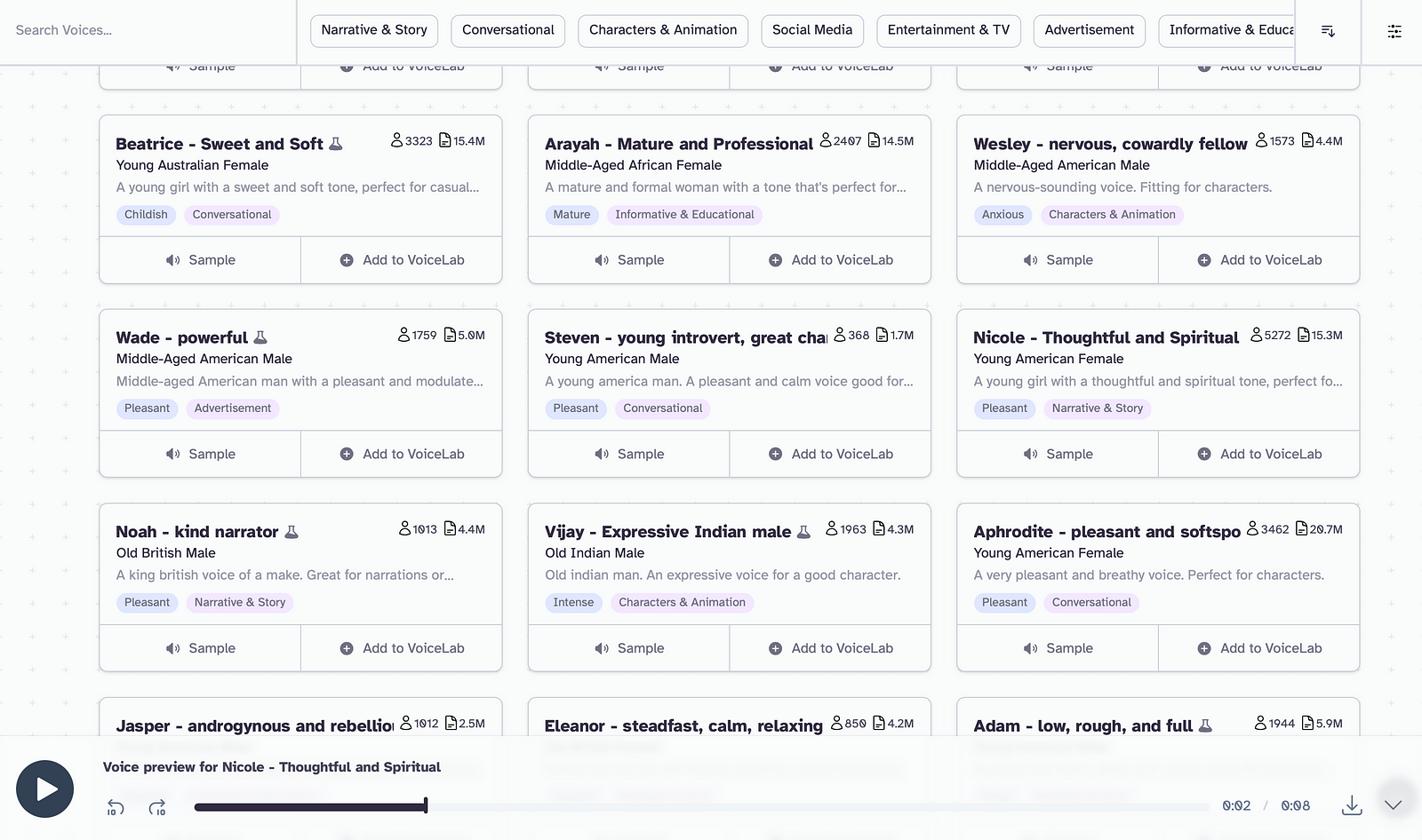 Screenshot from Elevenlabs