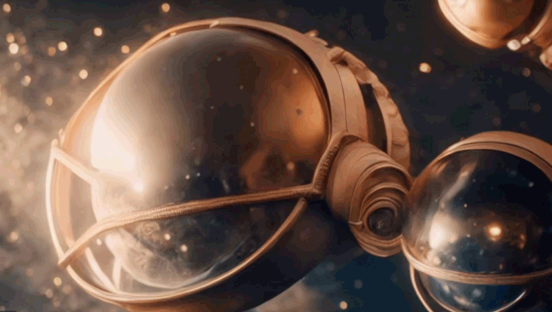 An animated gif of victorian space helmets floating in space