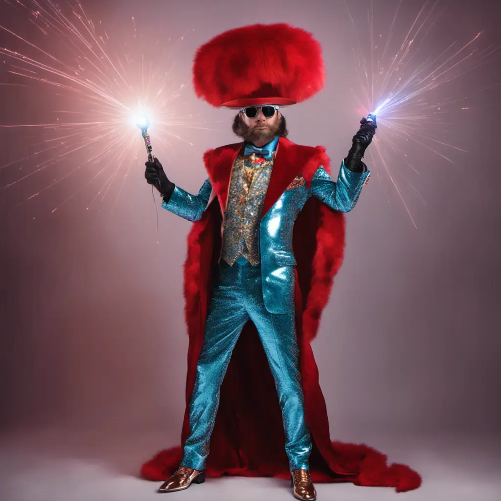 <p>Beaver tail and sapphire hat. Diamond lightning suit and ruby stilletos. Magic wand with emeralds shooting out of it. Laser gloves - by Murray</p> Beaver tail and sapphire hat. Diamond lightning suit and ruby stilletos. Magic wand with emeralds shooting out of it. Laser gloves
