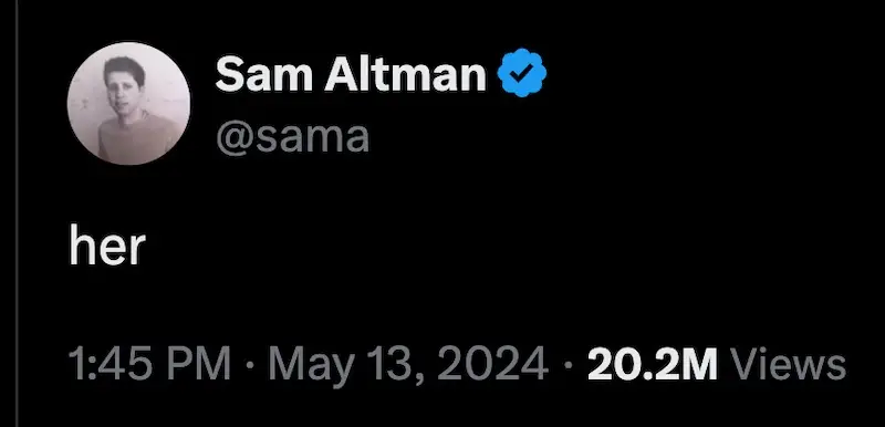 Sam Altman X post that simply says "her"