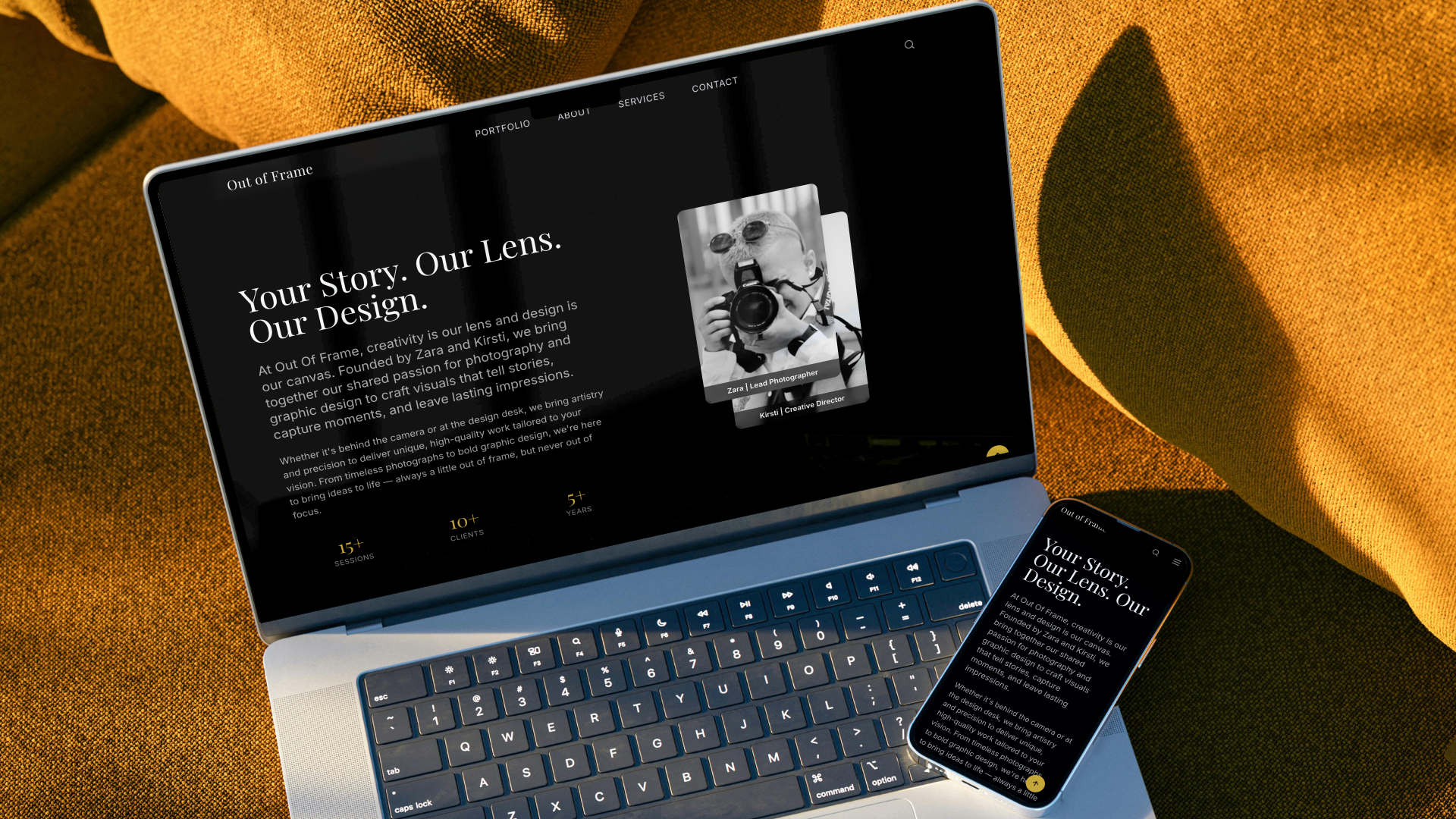 An about page layout on a laptop and phone screen showing introducing text for founders Zara and Kirsti, complete with black-and-white profile pictures and local business experience metrics.