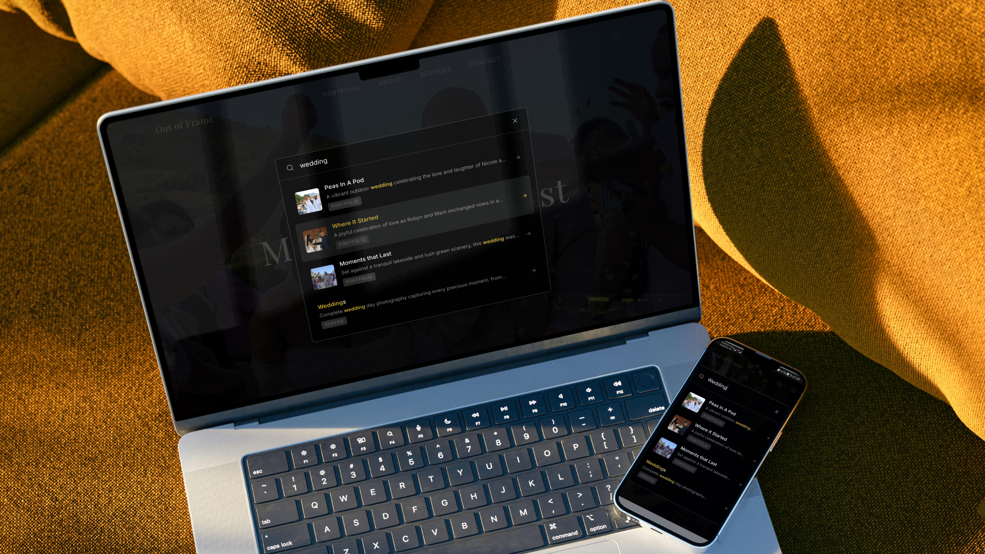 A global search bar overlay on a dark website interface displaying instant portfolio search results for the word "wedding" across a laptop and smartphone screen.