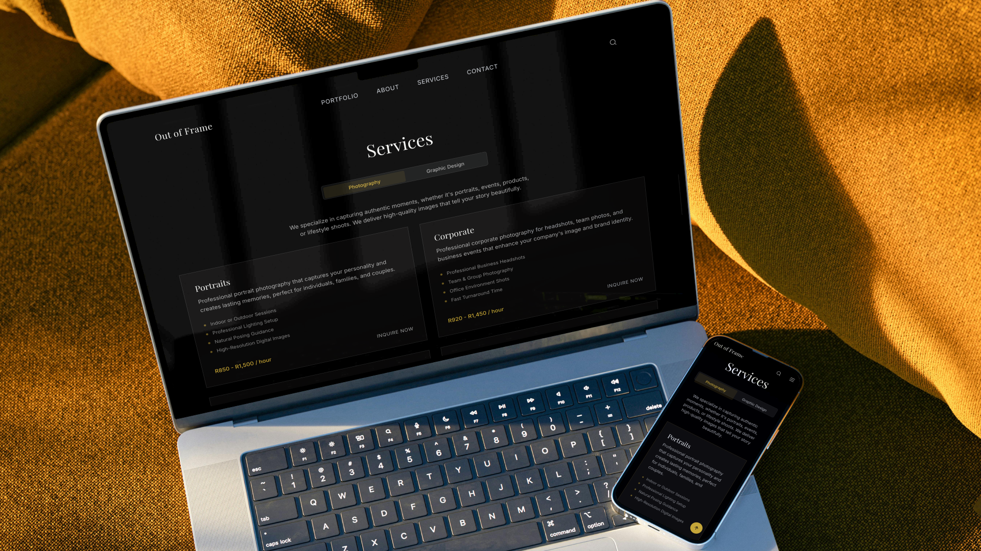 A neat services layout page showing info cards for portrait and corporate photography packages with explicit hourly investment rates displayed in South African Rands.