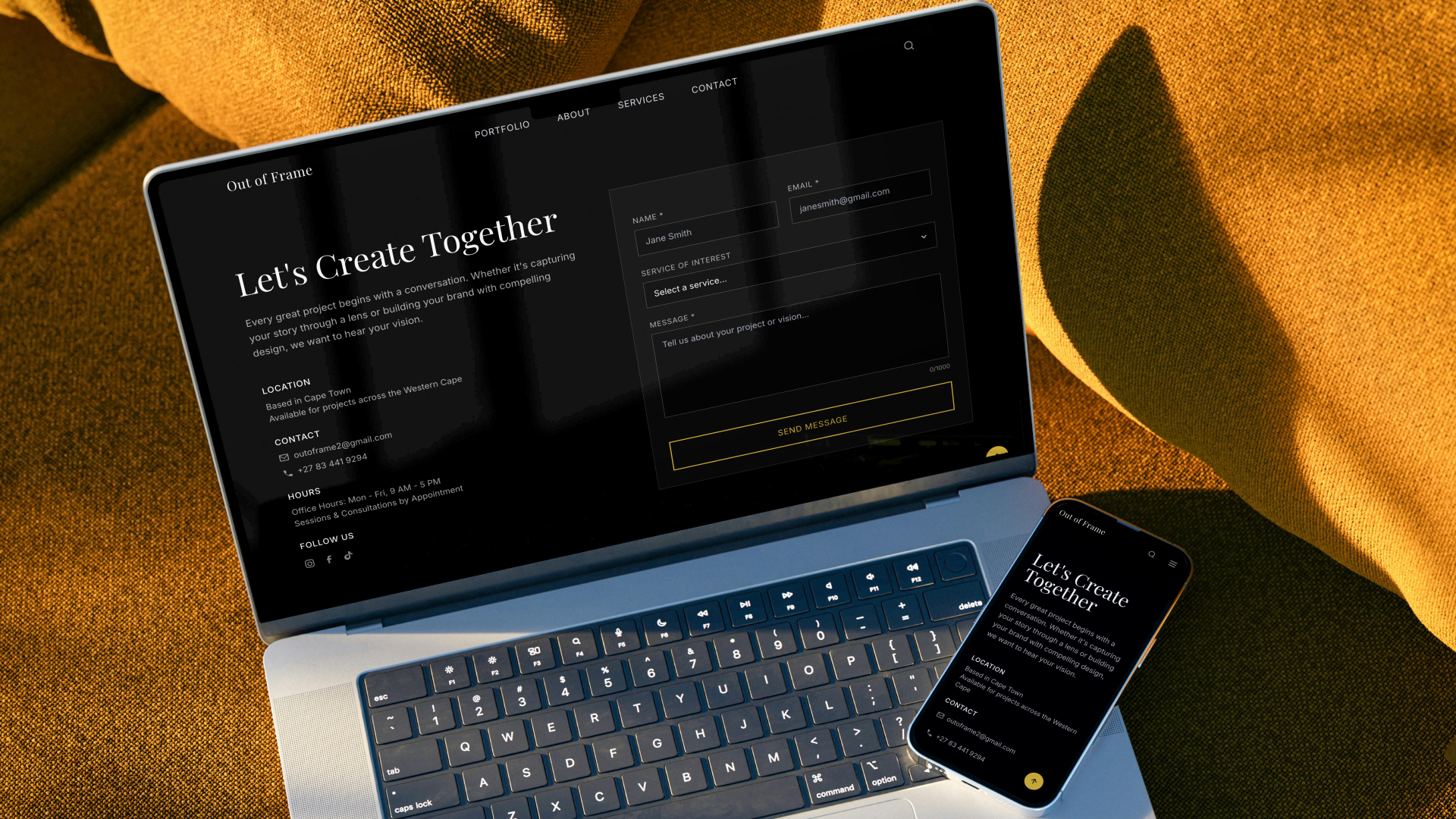 A web contact page titled "Let's Create Together" featuring localized Cape Town address data and a simple client message form on mobile and desktop views.
