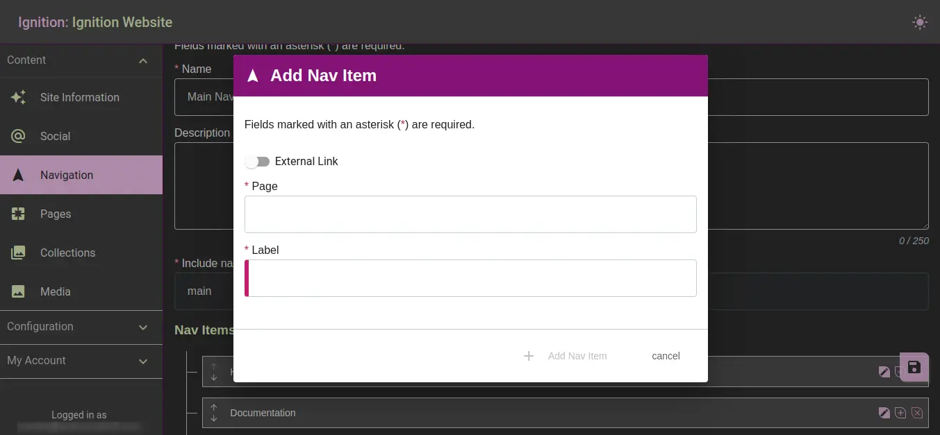 Add nav item dialog with 3 fields: external link toggle, page, label.