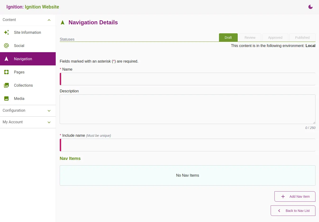 Screenshot of the create navigation page. Includes 3 fields: Name, description, and Include Name. Also includes a add nav item button to add links to the navigation.