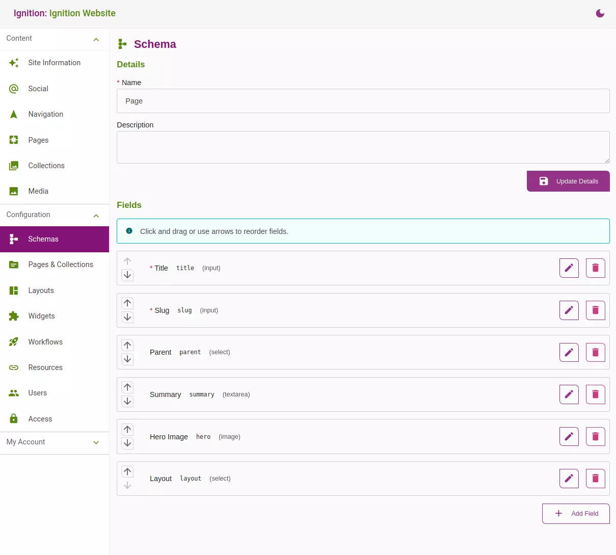 Screenshot of a sample schema page