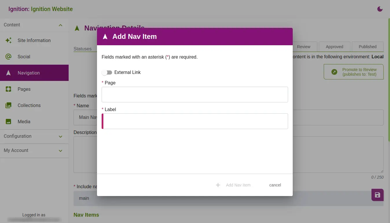 Add Nav Item - Light Add nav item dialog with 3 fields: external link toggle, page, label.