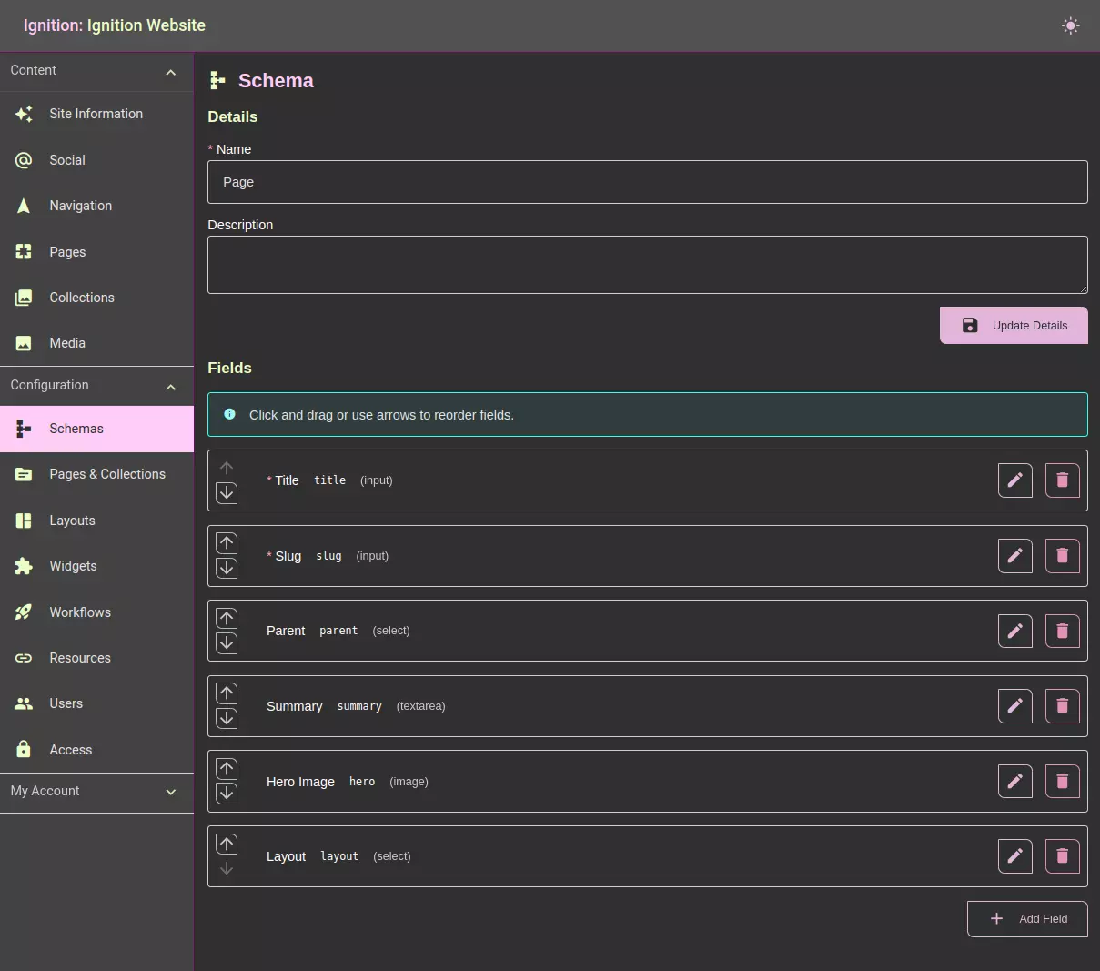 Screenshot of a sample schema page