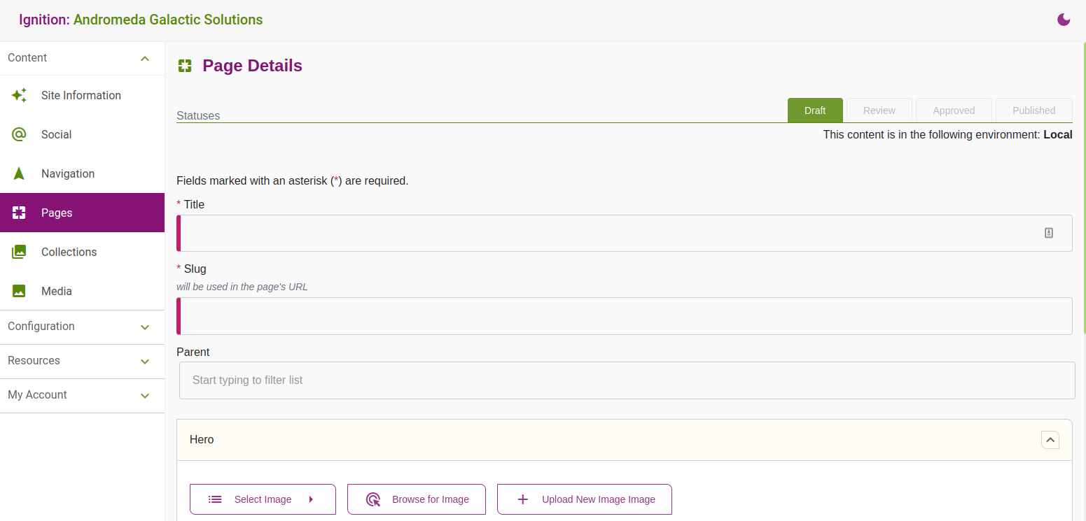Create Page - Light Screenshot of what a sample page can look like like.