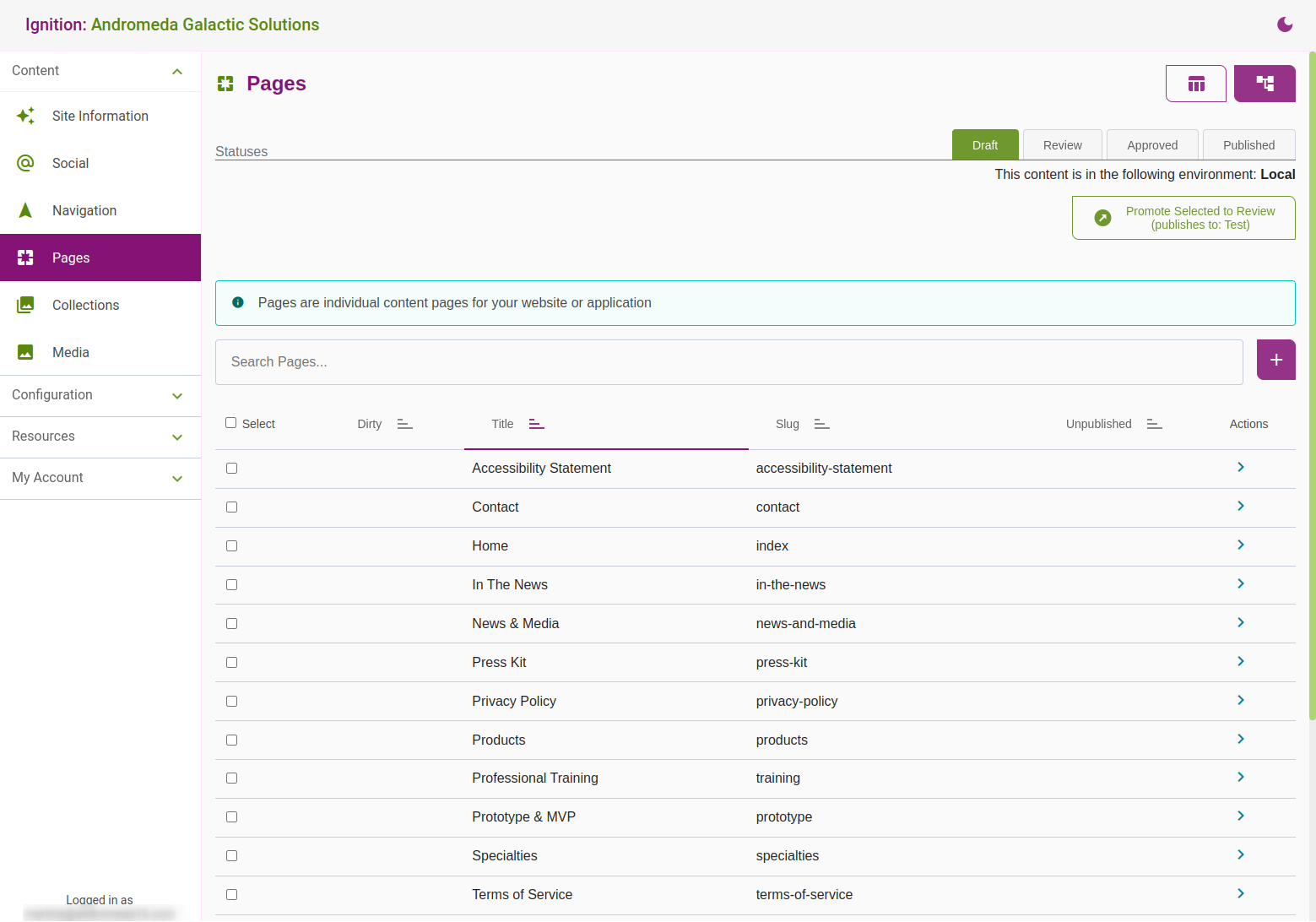 Pages displayed in a sortable, filterable table