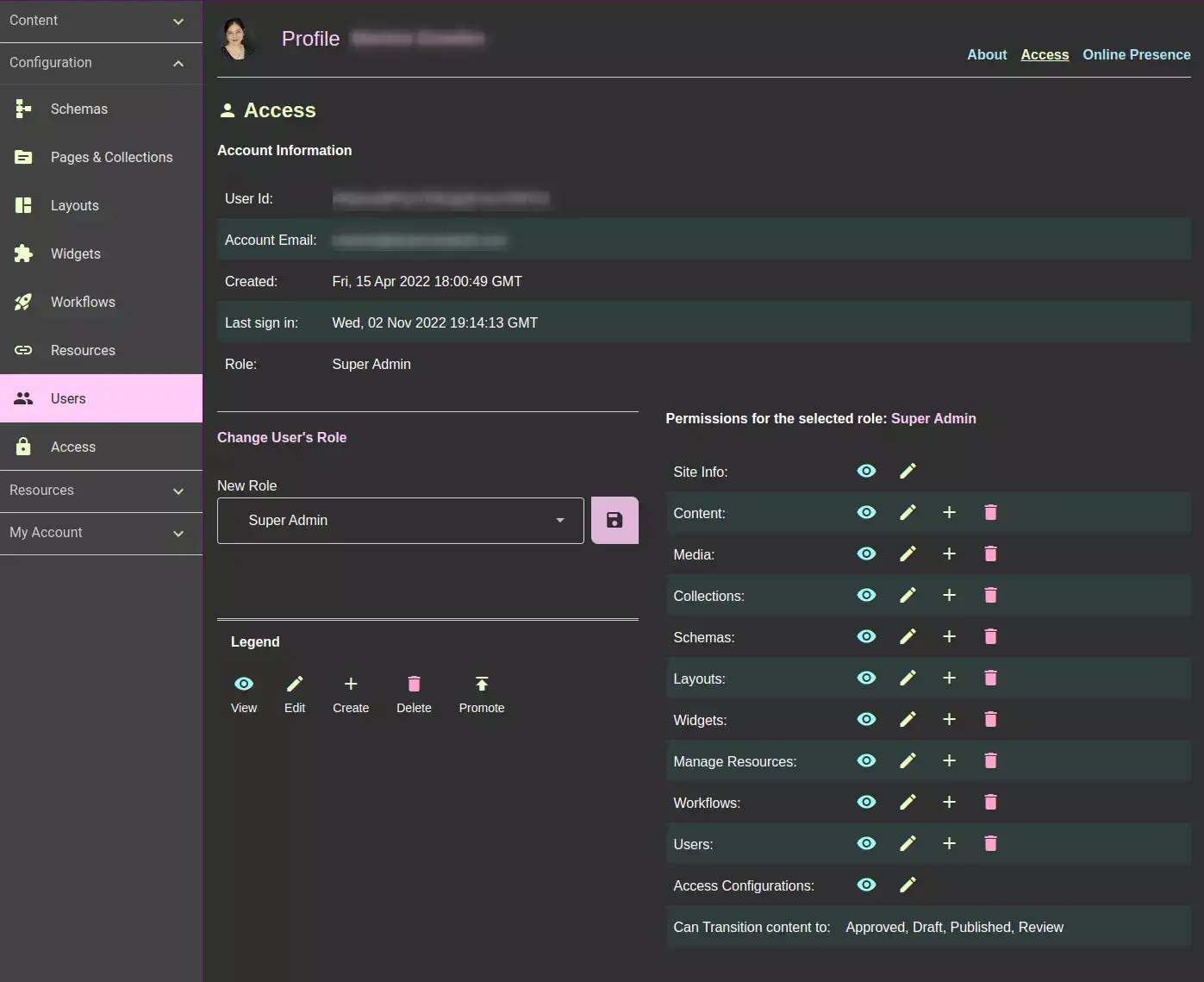 Screenshot of user details showing access management and roles details