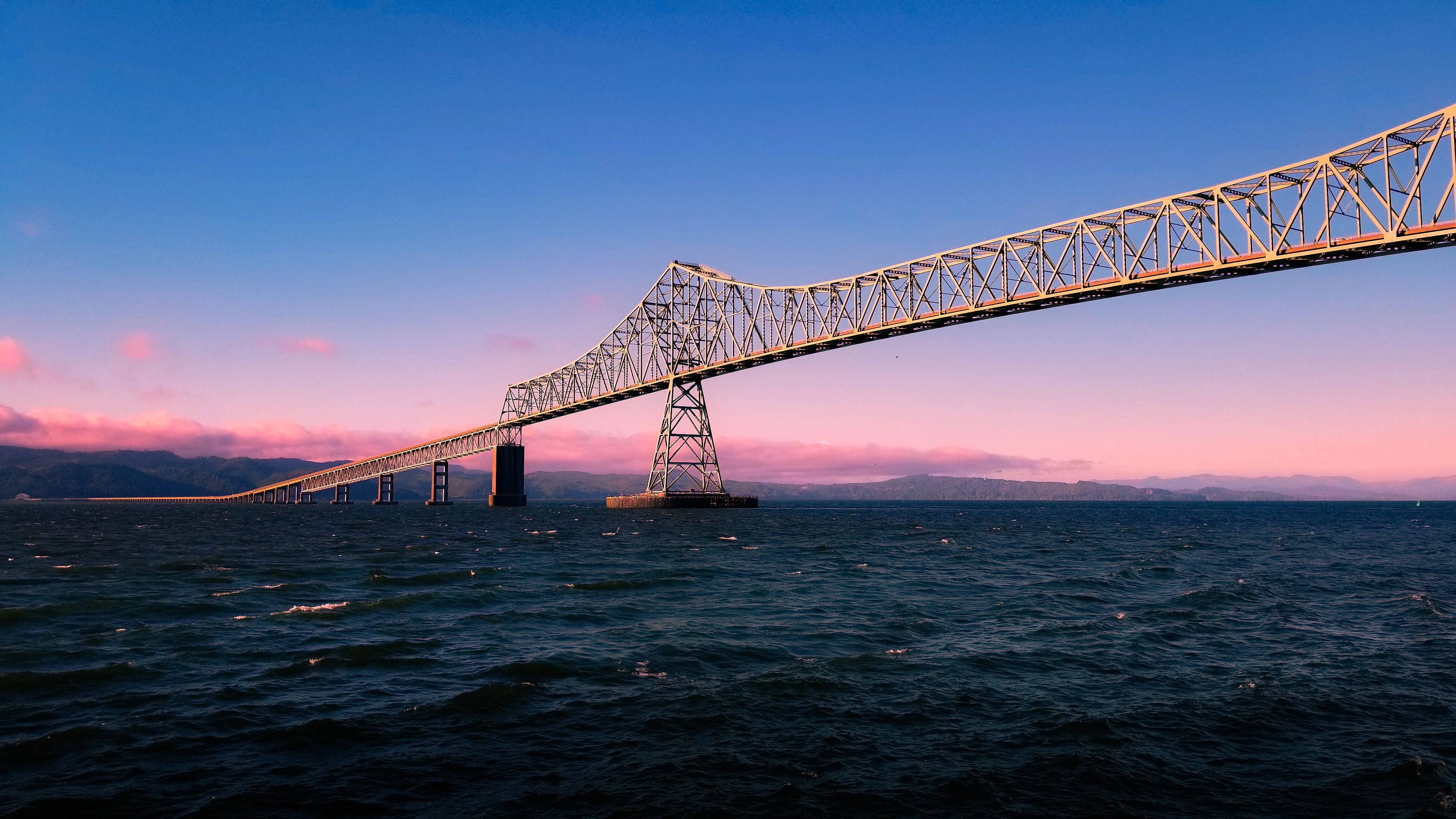 Large suspension bridge over water.