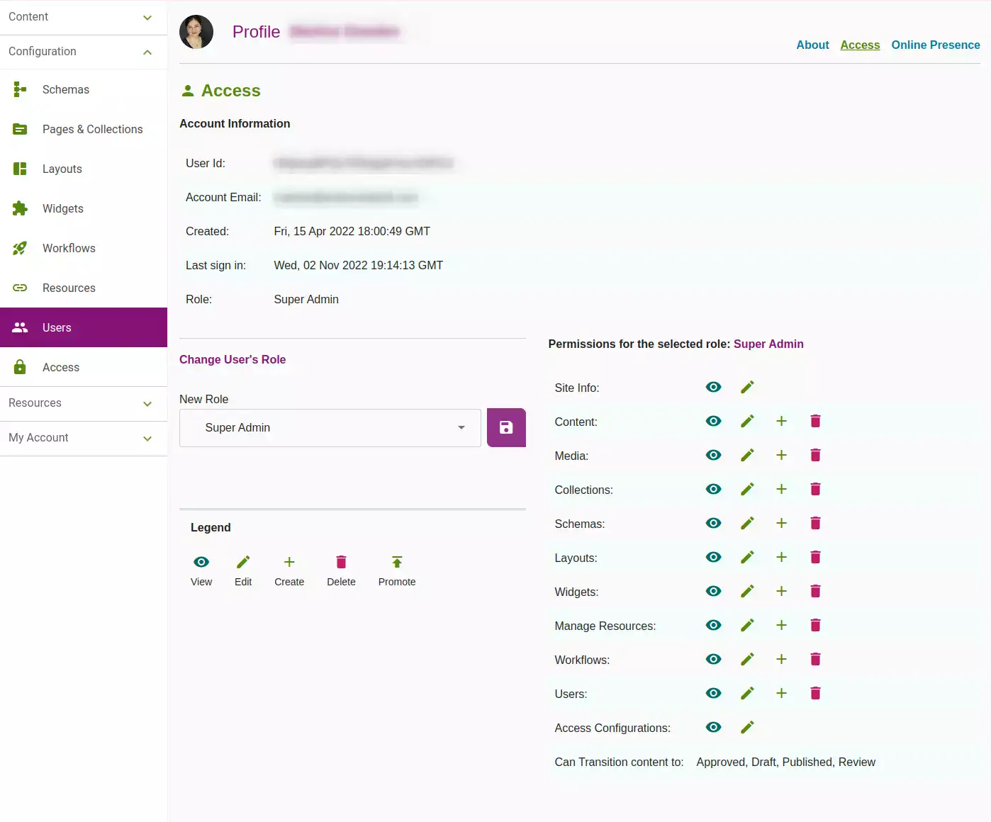 User Details showing access management and role details