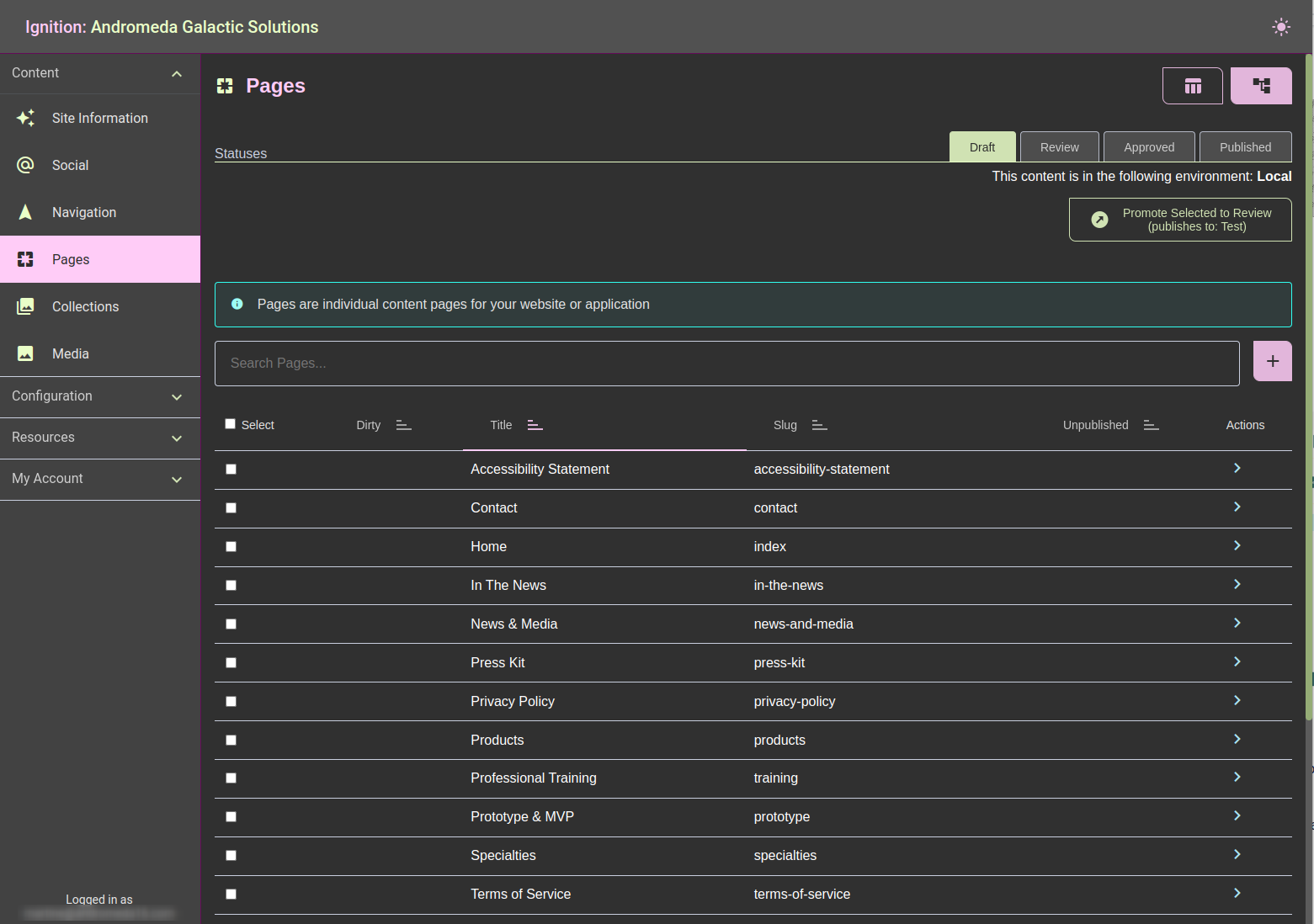 Pages displayed in a sortable, filterable table