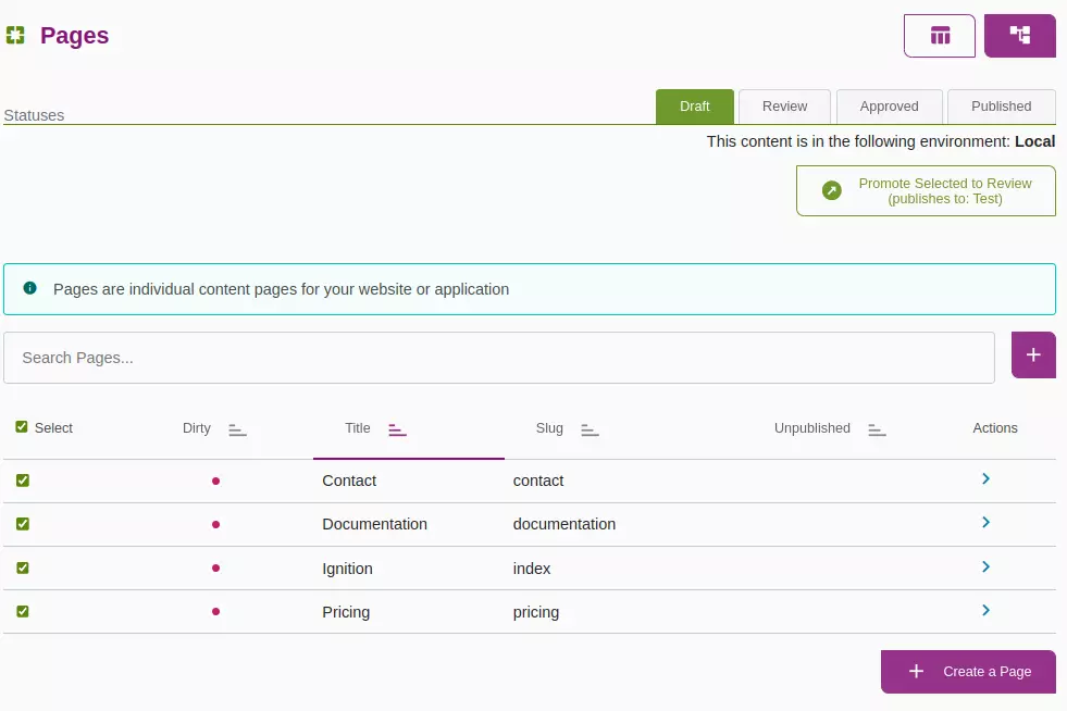 Table with checkmarks selected for items that are dirty (have a dot in the dirty column) to be transitioned.