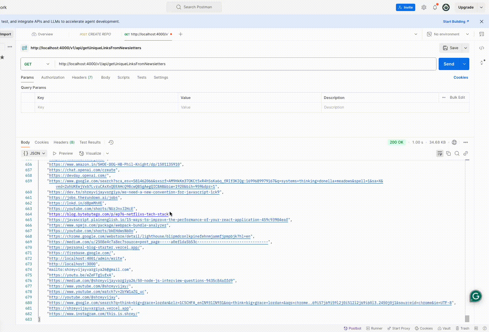 Final output demo in postman, showing unique 600+ links extracted from the email using above method