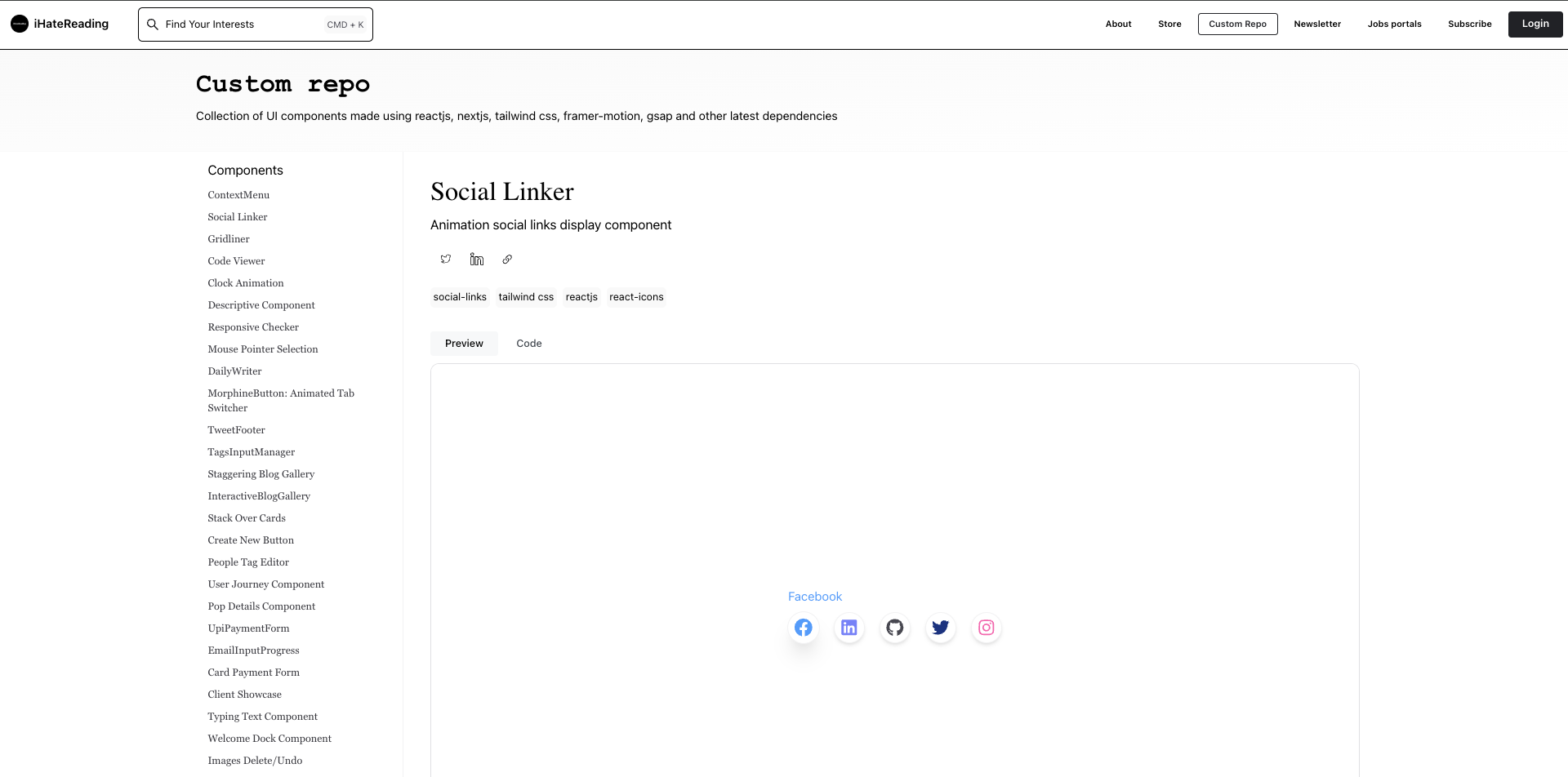 Custom repo UI components list on our website