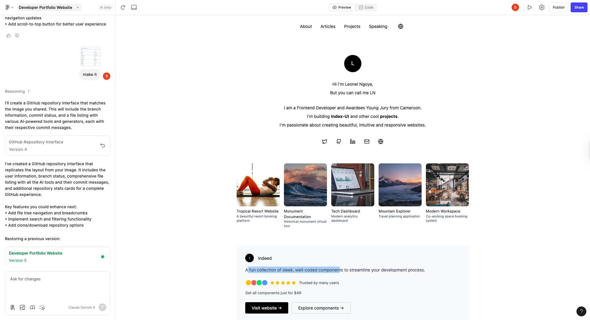 AI LLM prompt in Anima AI playground asking LLM model to generate React code from the images (Generate buy page on the left and explore page on the right)