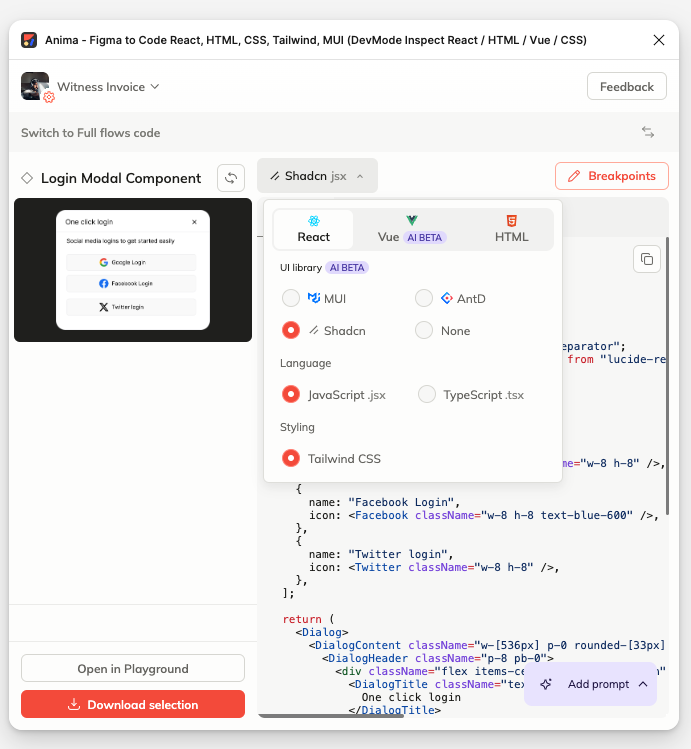 Customisation dropdown containing language, styling and framework choices for developers.<b> </b>