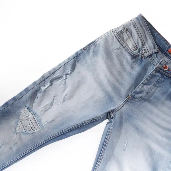 High Quality Men Stretch Jeans Streetwear Mens with light blue and little damaged