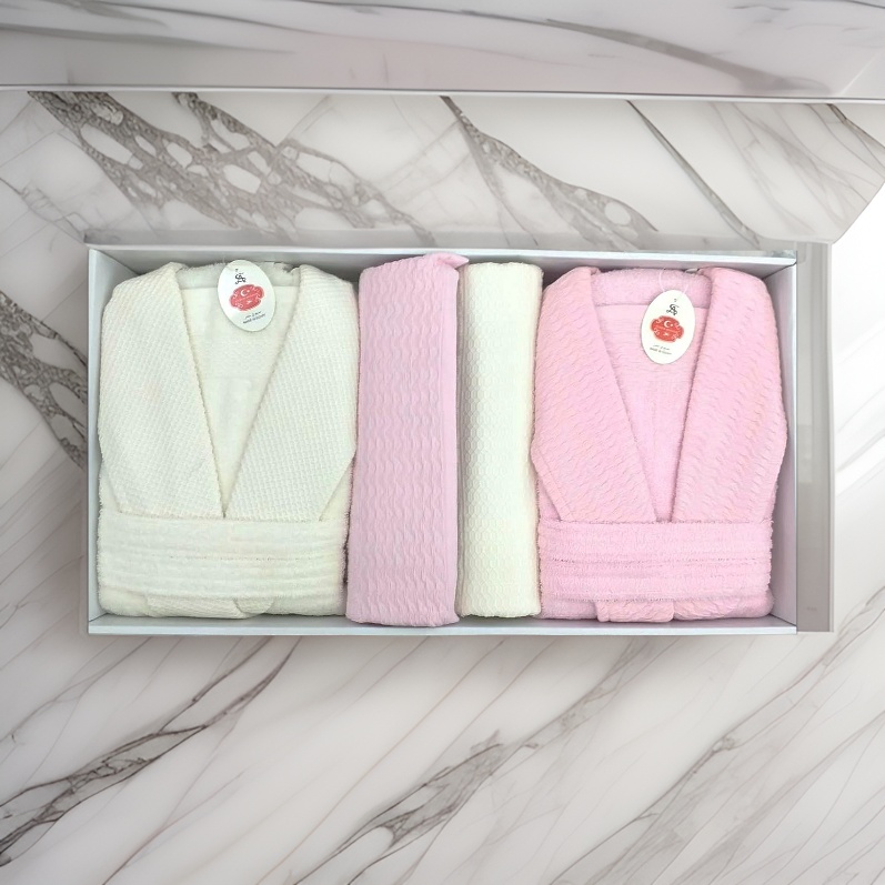Light Pink and White Men's & Women's Bathrobe and Towel Set (12 Piece) 