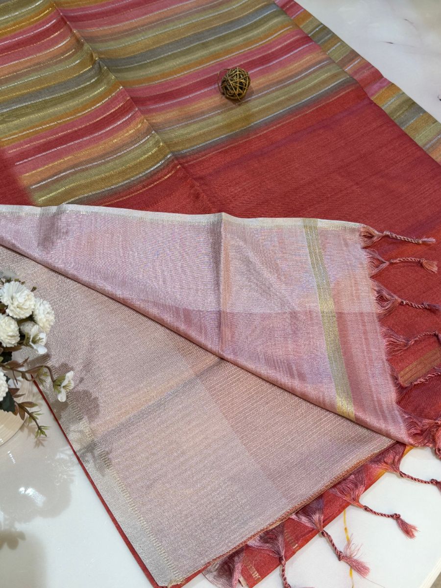 Coral Peach Rangkat Tussar Silk Saree