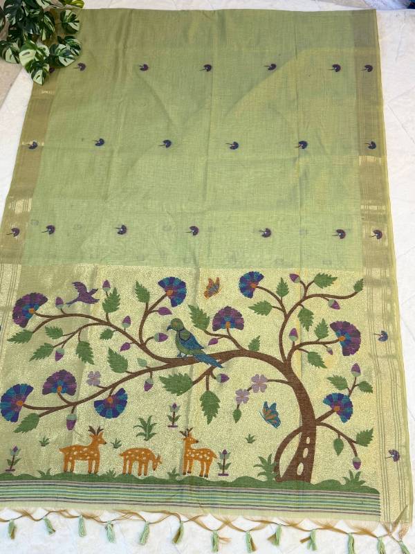 Pistachio Forest Muniya Jamdani Cotton Paithani Fusion Saree