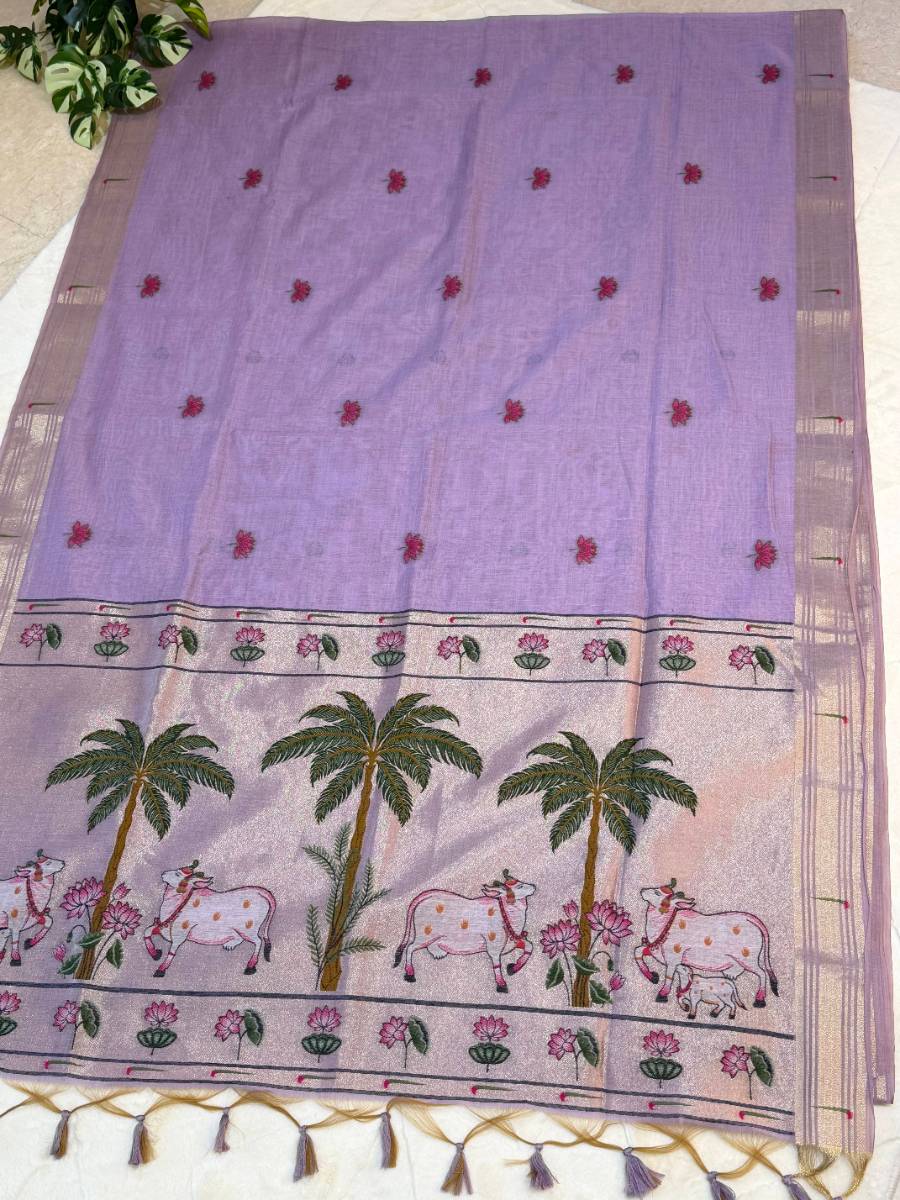 Lilac Pichwai Lotus Cow Jamdani Cotton Paithani Fusion Saree