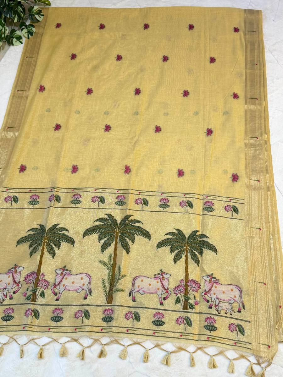 Butter Yellow Pichwai Lotus Cow Jamdani Cotton Paithani Fusion Saree