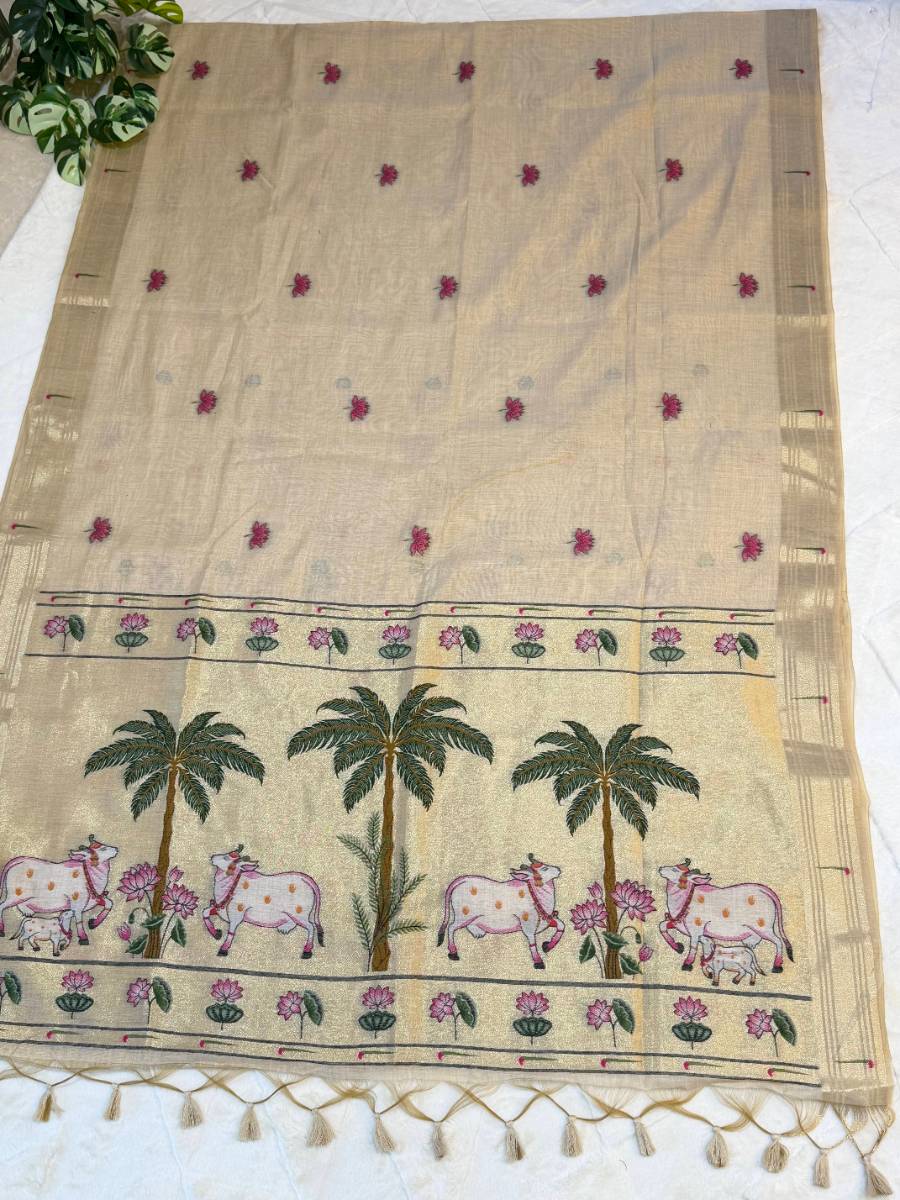 Beige Pichwai Lotus Cow Jamdani Cotton Paithani Fusion Saree