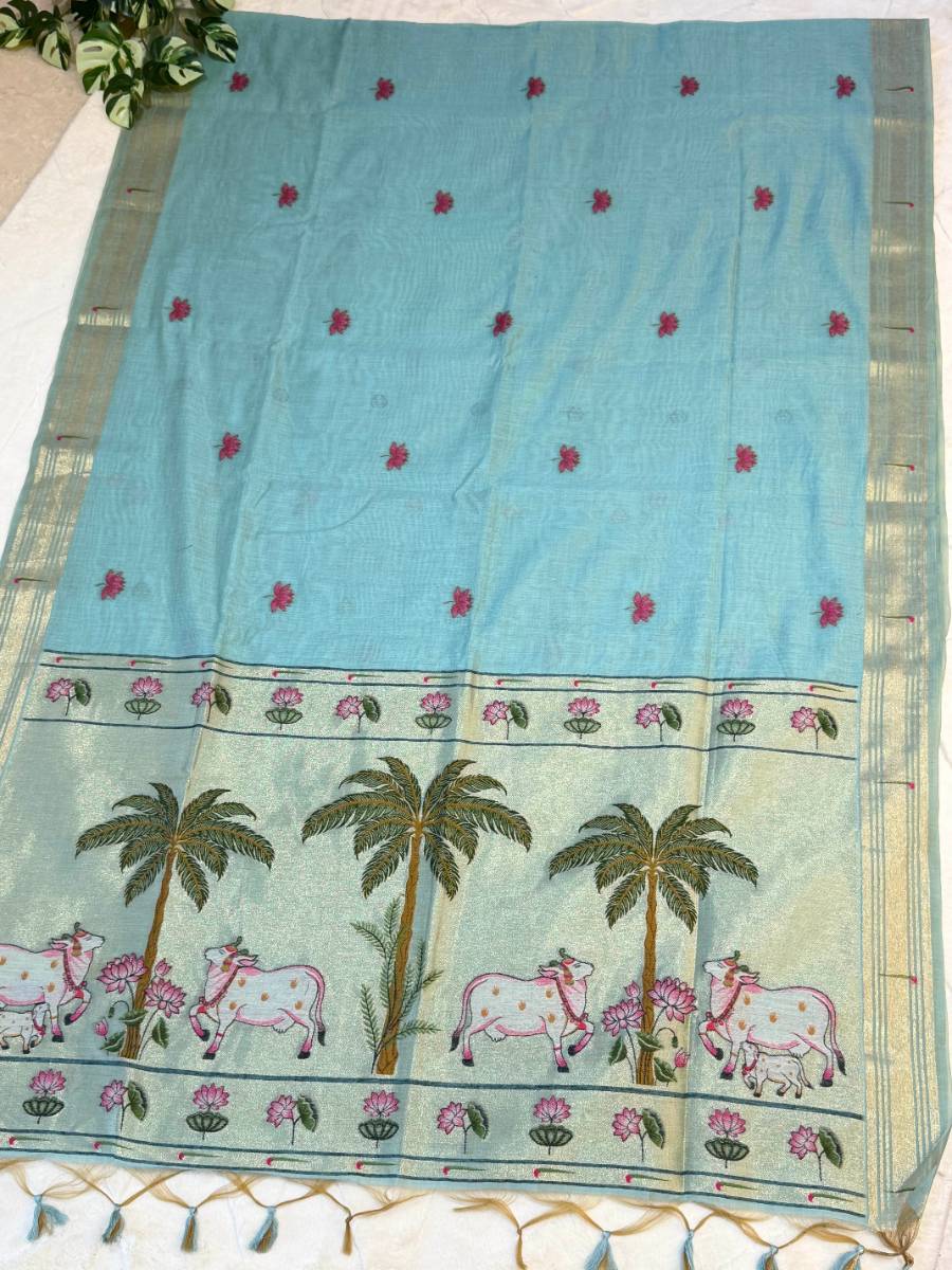 Aqua Pichwai Lotus Cow Jamdani Cotton Paithani Fusion Saree