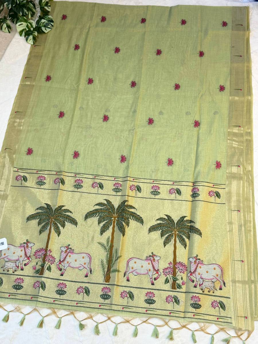 Pistachio Pichwai Lotus Cow Jamdani Cotton Paithani Fusion Saree