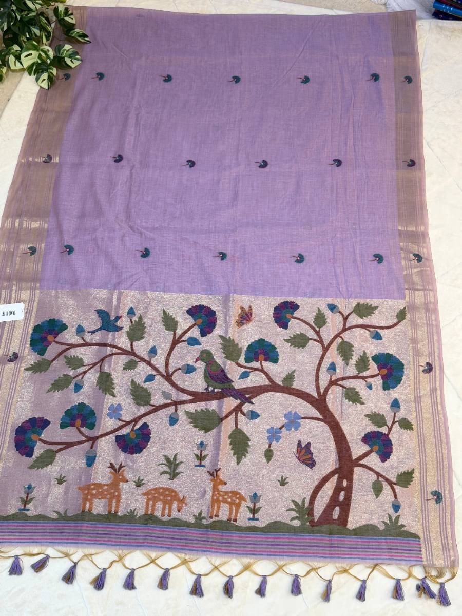 Lilac Forest Muniya Jamdani Cotton Paithani Fusion Saree