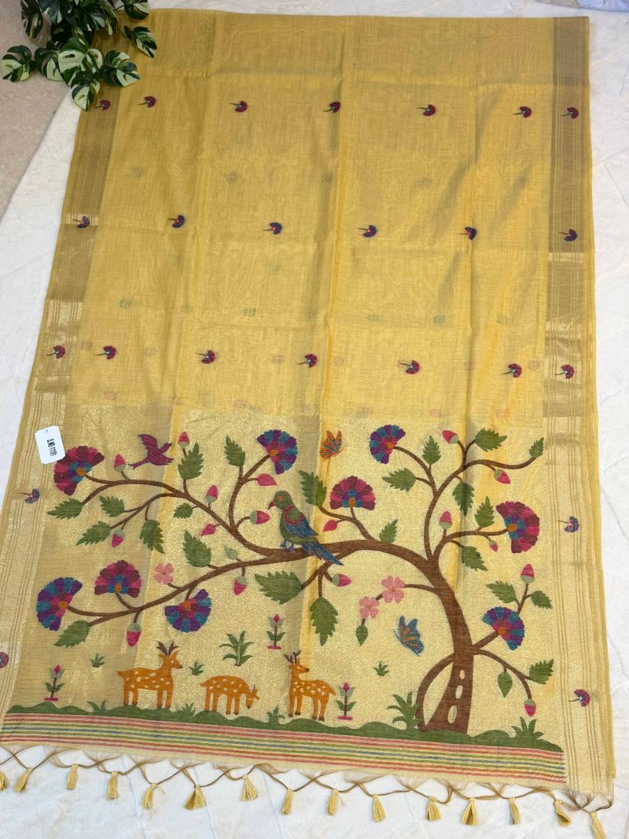 Light Mustard Gold Forest Muniya Jamdani Cotton Paithani Fusion Saree
