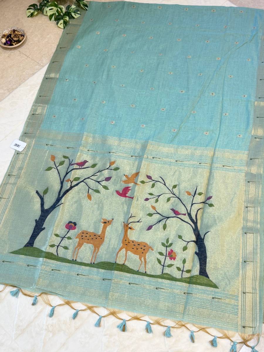 Aqua Deer Garden Jamdani Cotton Paithani Fusion Saree