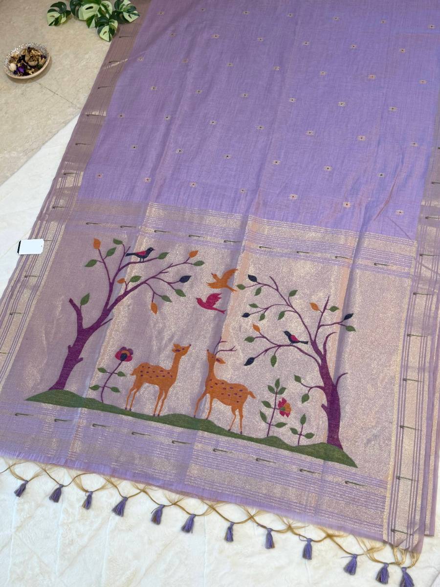 Lavender Deer Garden Jamdani Cotton Paithani Fusion Saree