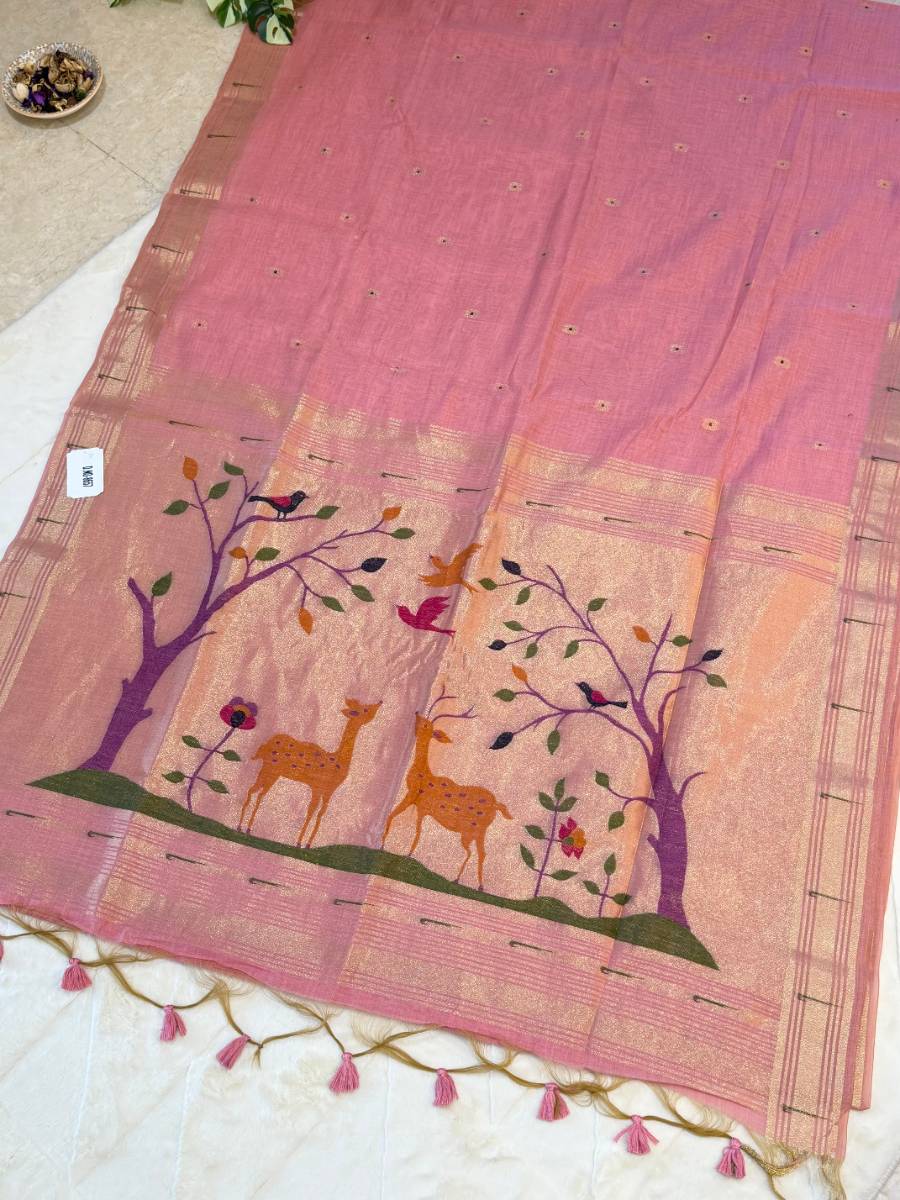 Blush Pink Deer Garden Jamdani Cotton Paithani Fusion Saree