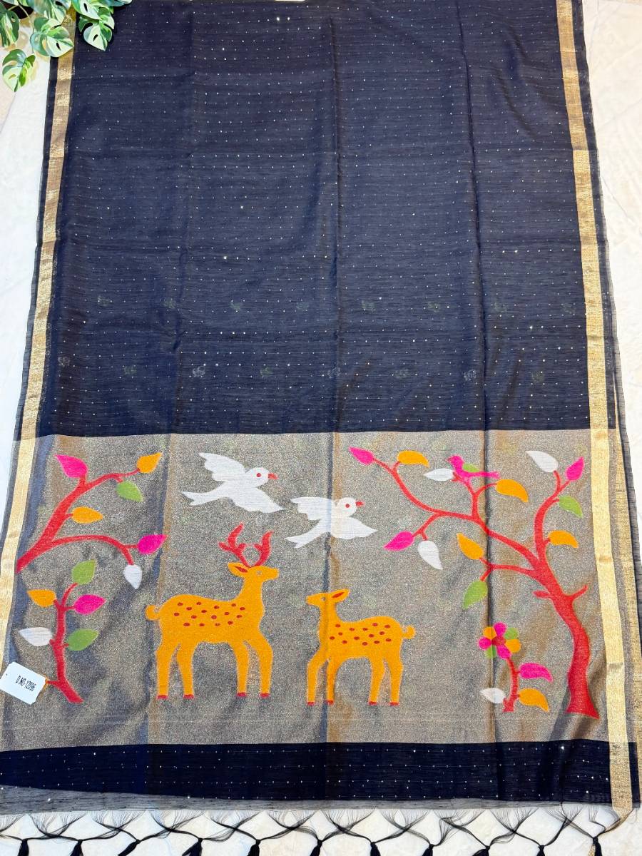 Midnight Deer Kora Jamdani Saree